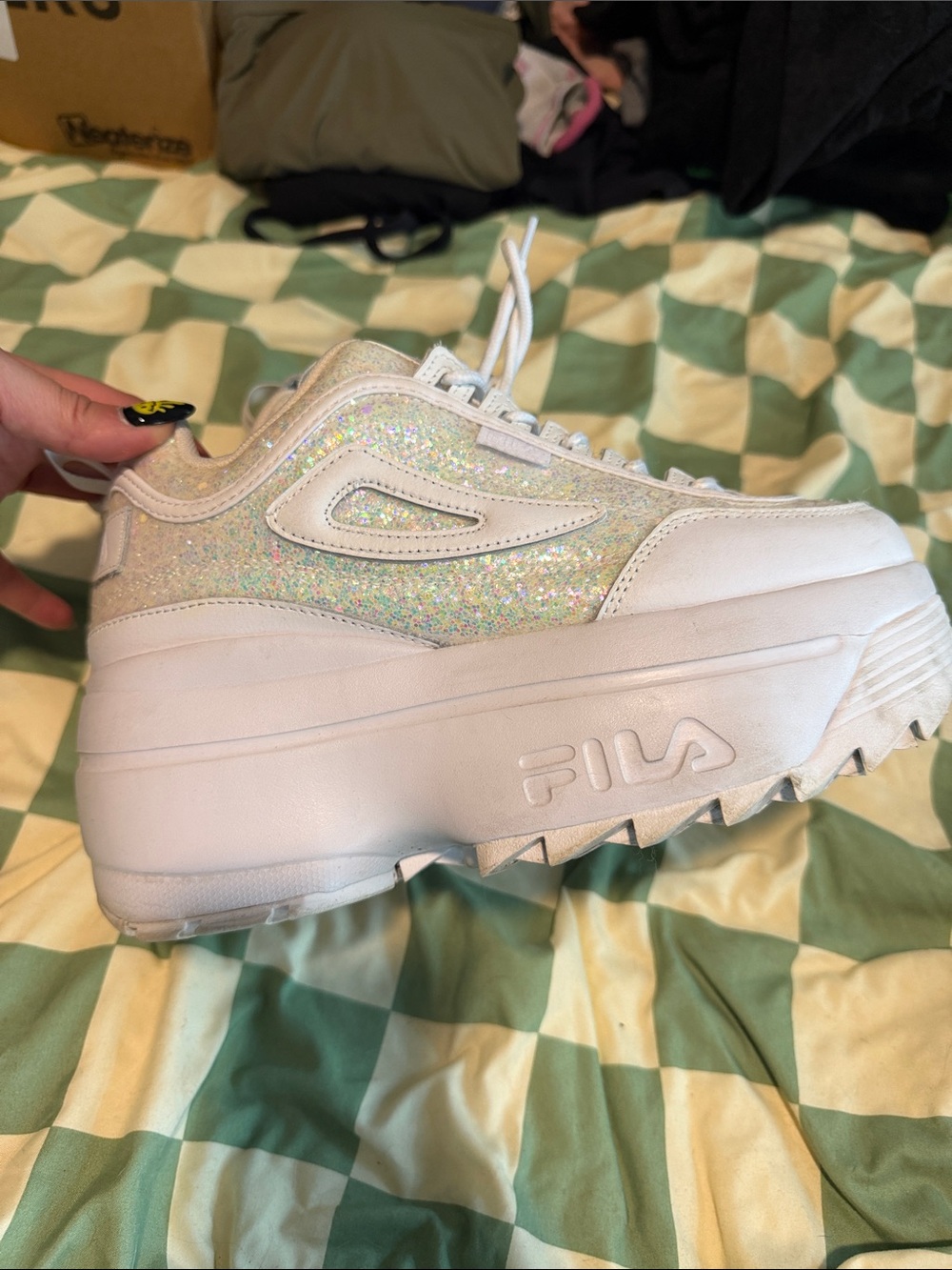 FILA White Platform Sneakers with Iridescent Glitter Panels